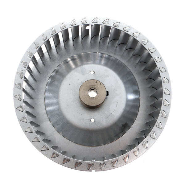A circular metal Lang blower wheel with a hole in the center.