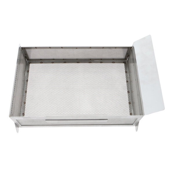 A metal mesh tray with a handle and lid.