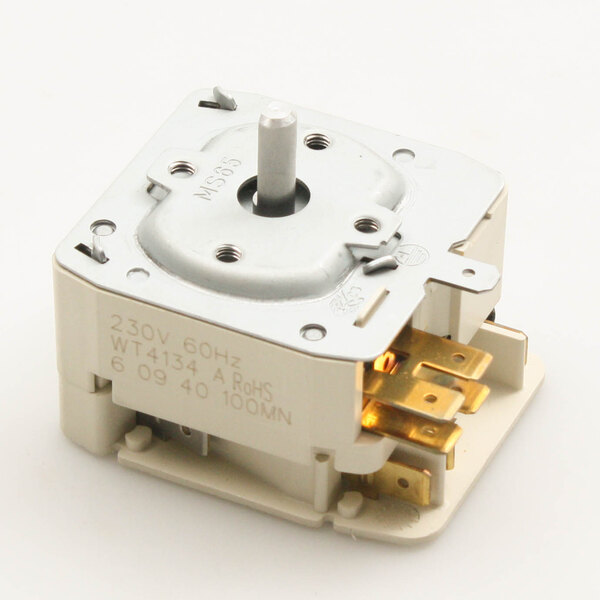 A small white electrical device with a metal knob.