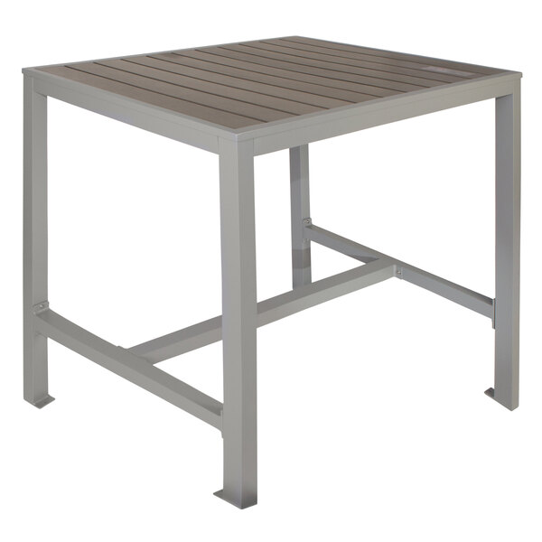 BFM Seating Seaside 31" x 48" Soft Gray Metal Bolt-Down Bar Height Table with Gray Synthetic Teak Top