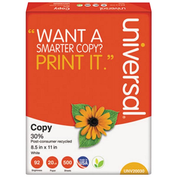 Universal Office UNV20030 8 1/2" x 11" 92 Brightness White Case of 20# Recycled Copy Paper - 5000 Sheets