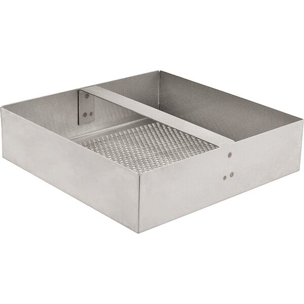 A stainless steel floor sink strainer with a metal grid.