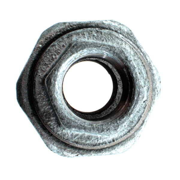 A close-up of an Alto-Shaam T 1/2 inch union nut with a metal ring on it.
