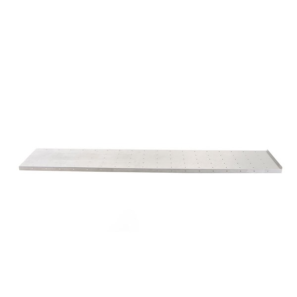 A white rectangular shelf with a long strip of metal and holes.