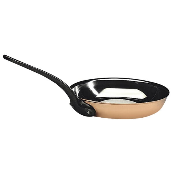 A Matfer Bourgeat copper frying pan with a cast iron handle.