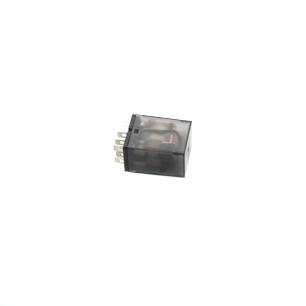 A black square electrical device with a small black and white circuit board inside.