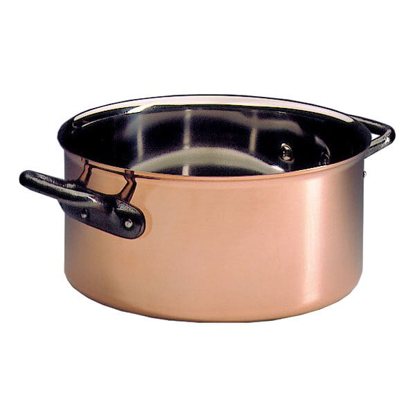 A Matfer Bourgeat copper casserole dish with a black handle and lid.