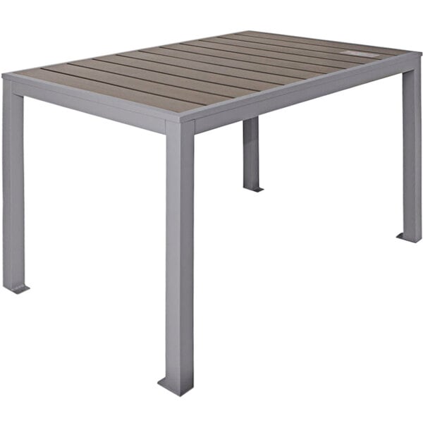 BFM Seating Seaside 31" x 48" Soft Gray Metal Bolt-Down Standard Height Table with Gray Synthetic Teak Top