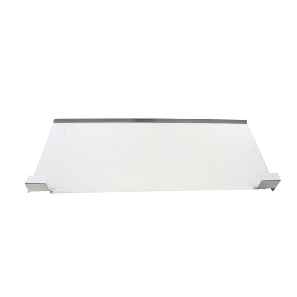 A white metal rectangular shelf with metal corners and a white plastic handle.