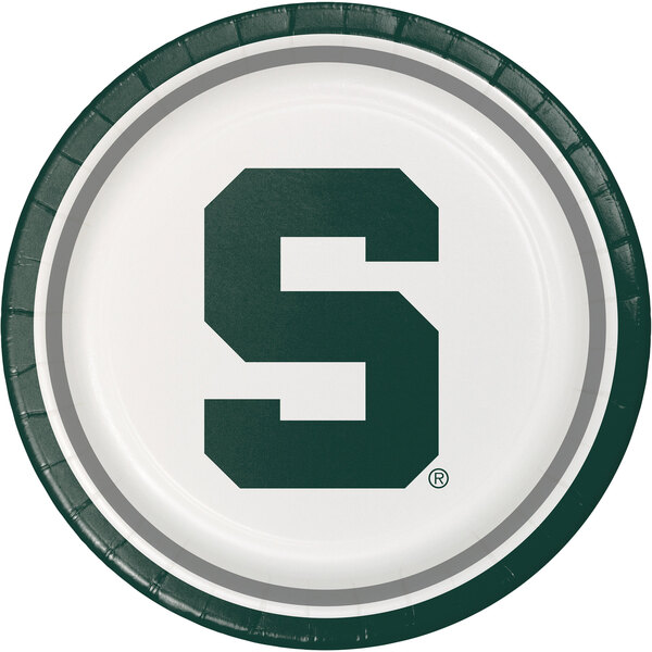 A white and green Creative Converting paper plate with a green Michigan State University letter s.