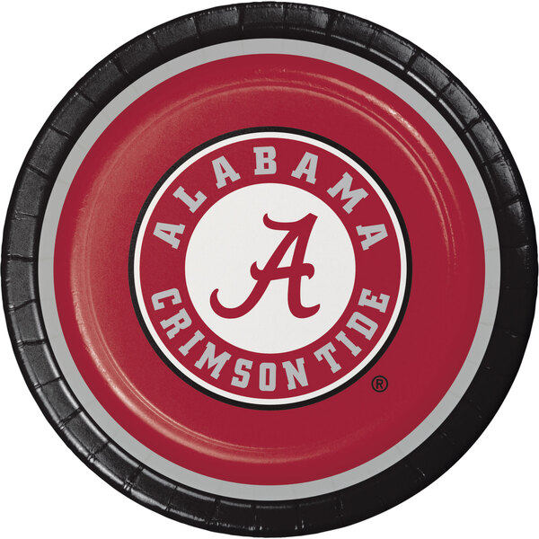 A white paper plate with a red University of Alabama logo.