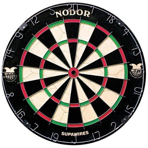 A Nodor dartboard with numbers in the center and red, green, and black sections.