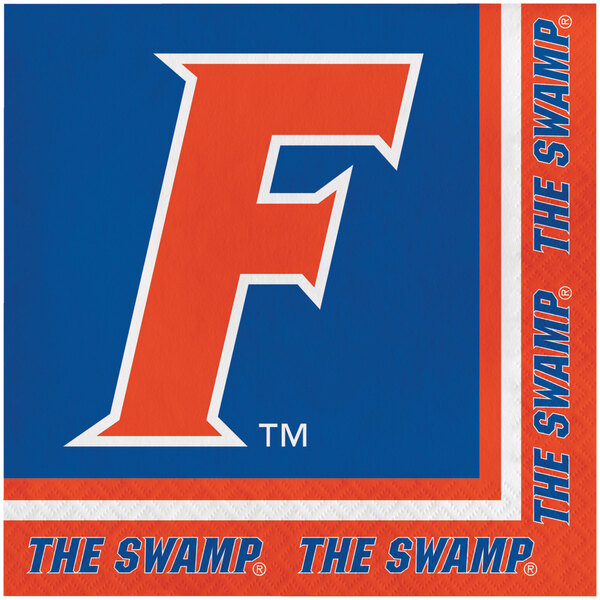 A white Creative Converting napkin with a blue and orange University of Florida logo including an F.