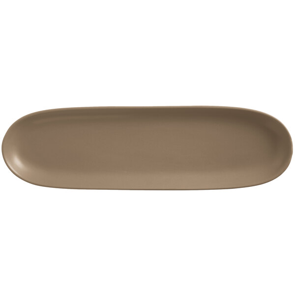 A white Libbey Driftstone rectangular tray with a brown matte finish.