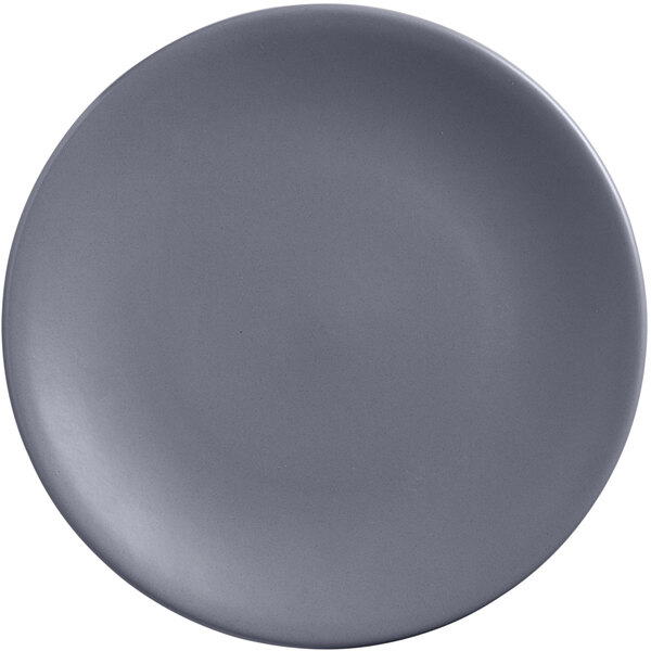 A close-up of a grey Libbey Driftstone porcelain coupe plate.