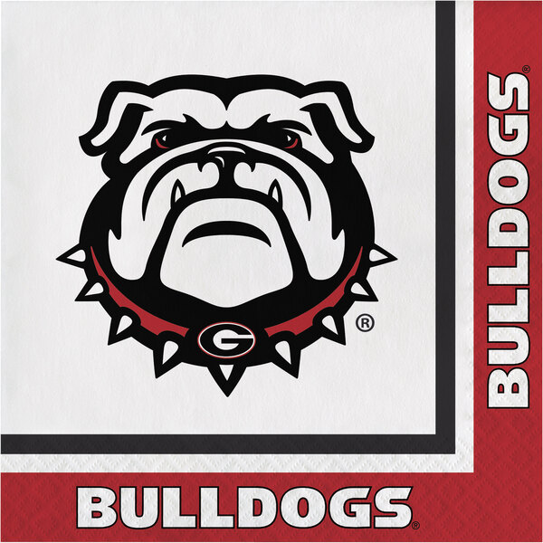 A white Creative Converting napkin with the University of Georgia Bulldogs logo in red.