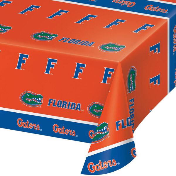 A University of Florida Gators plastic table cover on a table.