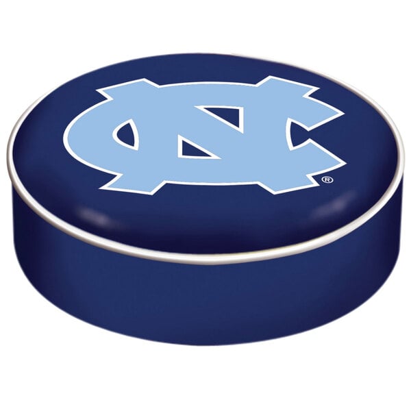 A round blue vinyl seat cover with the University of North Carolina logo on it.