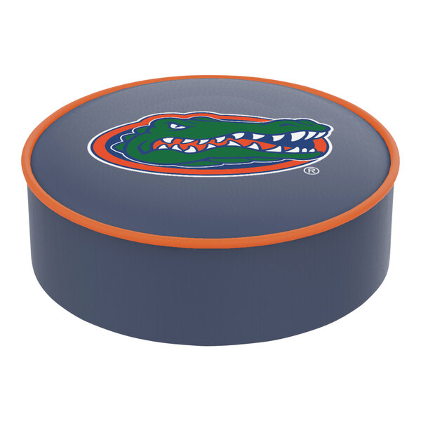 A blue and orange round University of Florida seat cover with a gator logo.
