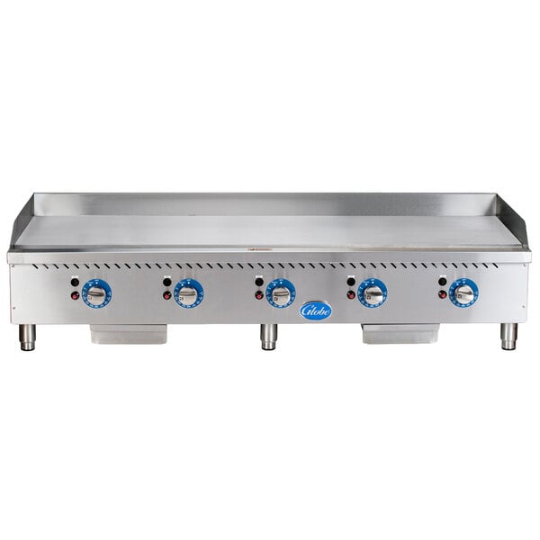 A Globe stainless steel gas countertop griddle with thermostatic controls.