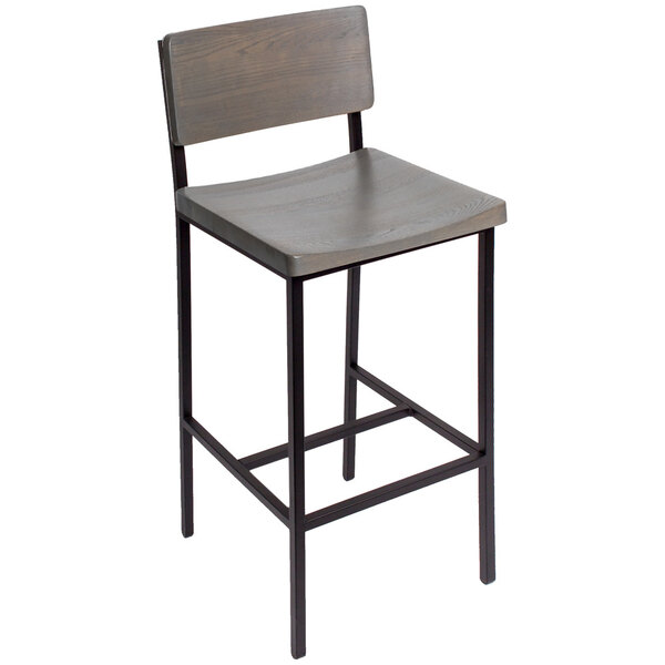 BFM Seating Memphis Sand Black Steel Bar Height Chair with Gray Ash Wooden Back and Seat