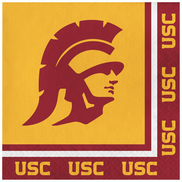 A white 1/4 fold luncheon napkin with the University of Southern California logo on it.