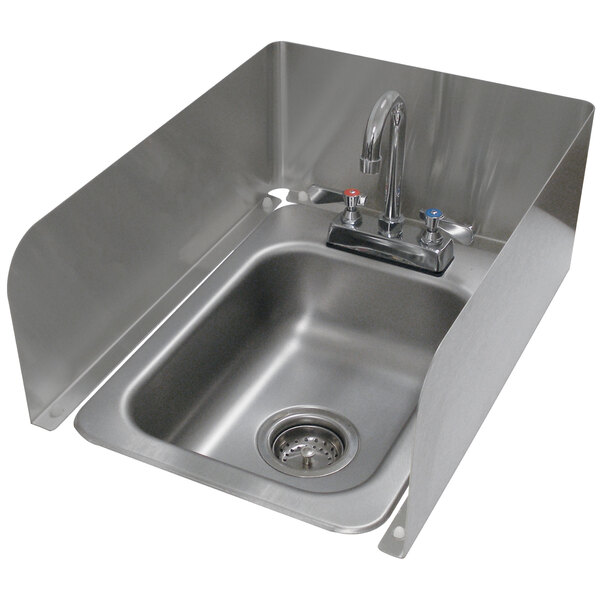 A close-up of an Advance Tabco stainless steel drop-in sink splash wrap over a stainless steel sink with a faucet.