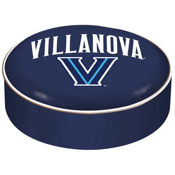 A blue round bar stool seat cover with a white "V" and Villanova University logo.