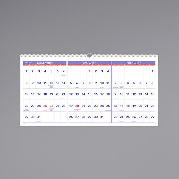 An At-A-Glance wirebound wall calendar for December 2023 - February 2025 with a white background and purple numbers and spiral binding.