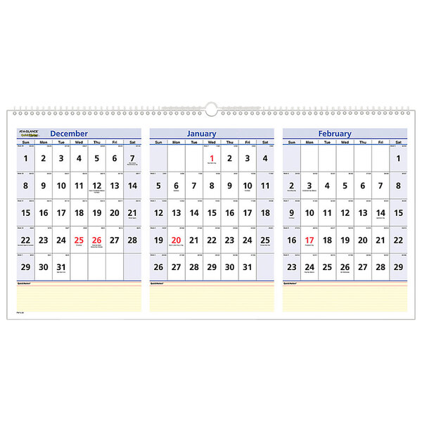 At-A-Glance PM1528 QuickNotes 23 1/2" x 12" Horizontal 3-Month Reference December 2022 - February 2024 Wirebound Wall Calendar