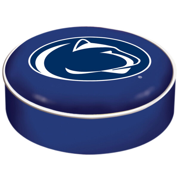 A blue round Holland Bar Stool seat cover with a Penn State University logo.