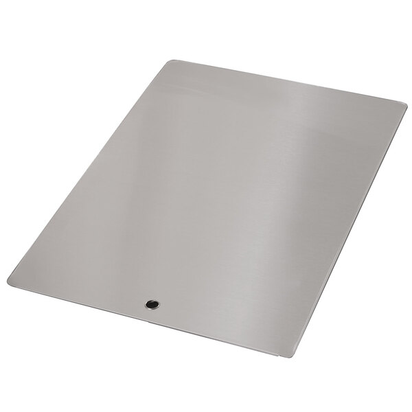 A rectangular stainless steel plate with a hole in it.