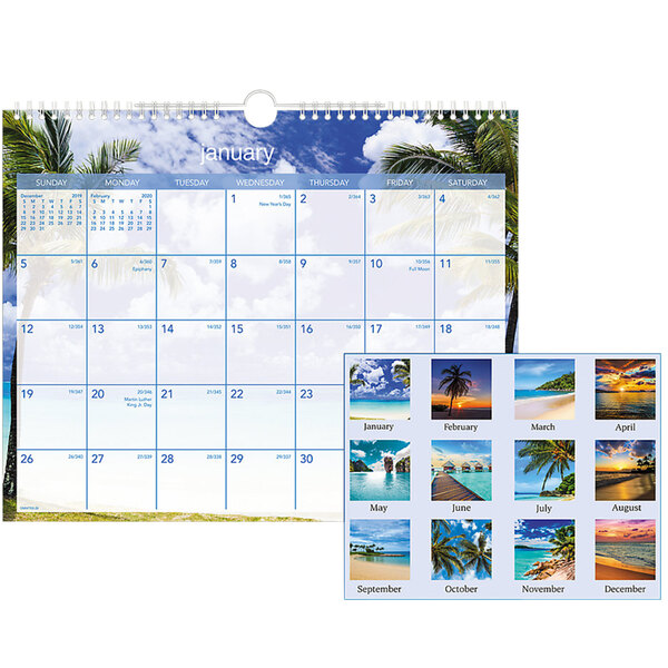 An At-A-Glance wirebound wall calendar with a white cover featuring a photo of the beach and palm trees.
