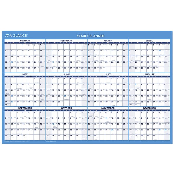 An At-A-Glance blue and white horizontal wall calendar for 2024 with numbers and months in blue.