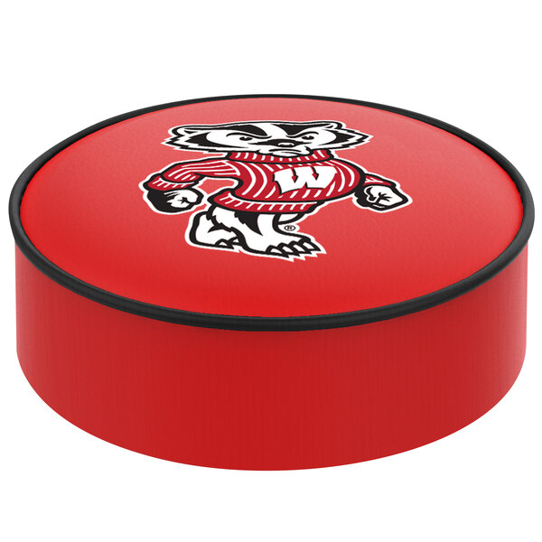 A red round University of Wisconsin bar stool seat cover with a cartoon badger mascot on it.