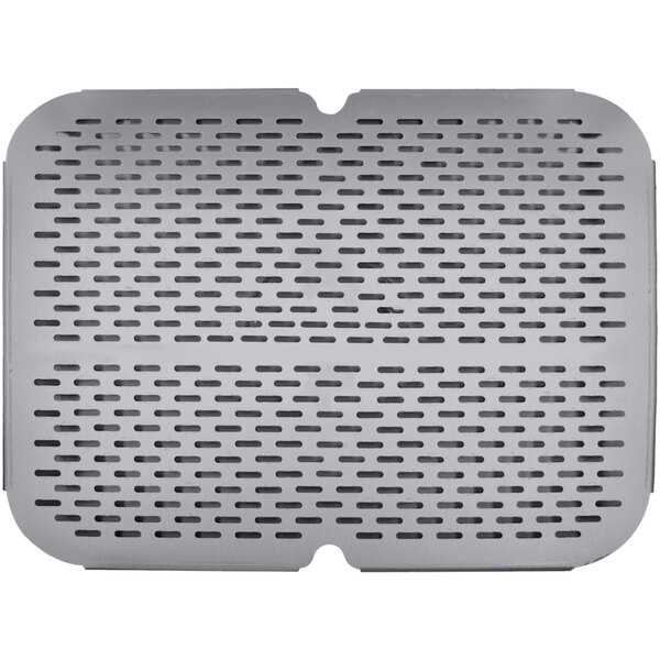 A grey metal rectangular strainer plate with holes.