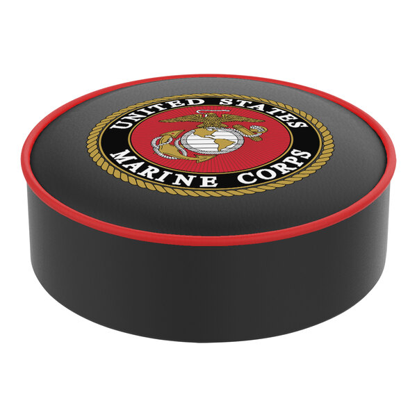 A round black vinyl bar stool seat cover with a red and black circle and white United States Marine Corps logo.