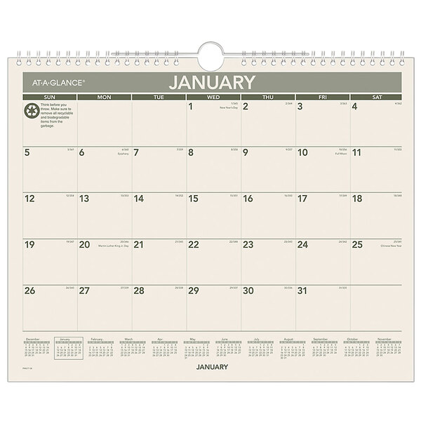 An At-A-Glance spiral bound calendar page for January 2024 with a green border.