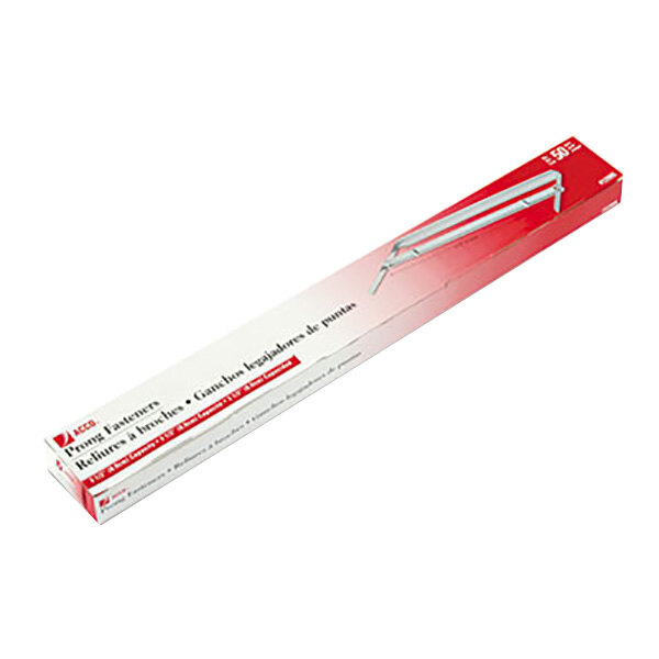 A white box with black text reading "Acco 12995 3 1/2" Capacity Standard Two-Piece Paper File Fasteners" and a red handle.