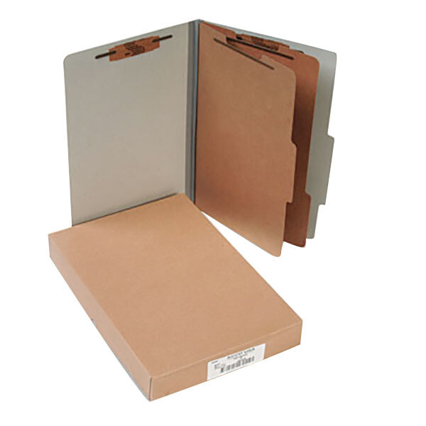 A brown box with a white label containing 10 Acco legal size classification folders.
