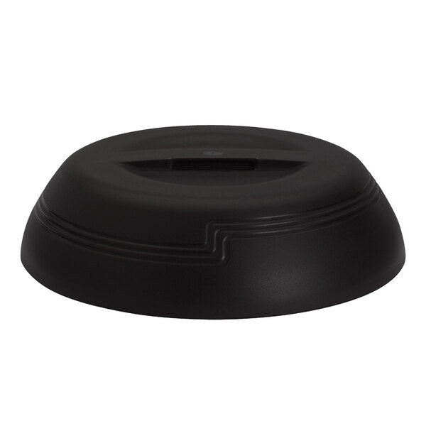 A black plastic lid with a low profile over a black bowl.