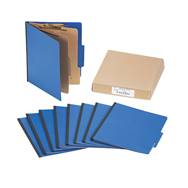 A box of 10 blue Acco letter size classification folders.