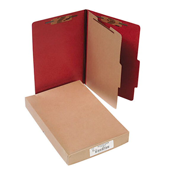 A brown box with a white label containing 10 Acco red legal size classification folders.