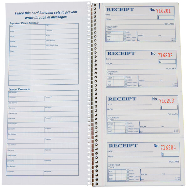 Adams SC1152 2Part Blue and White Carbonless Rent Receipt Book with