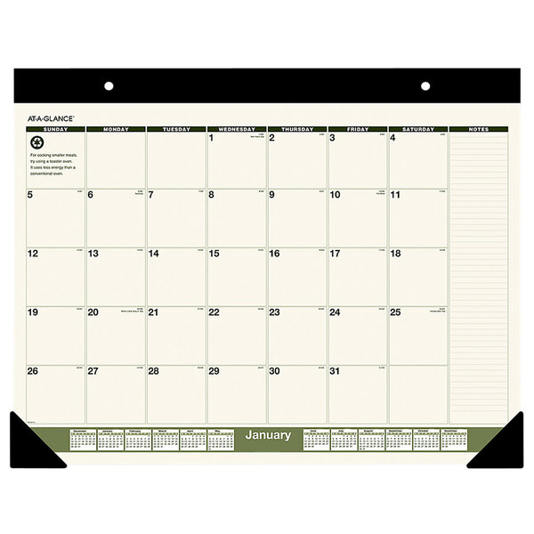 An At-A-Glance desk pad calendar with a white background and a green and black border with numbers in black.