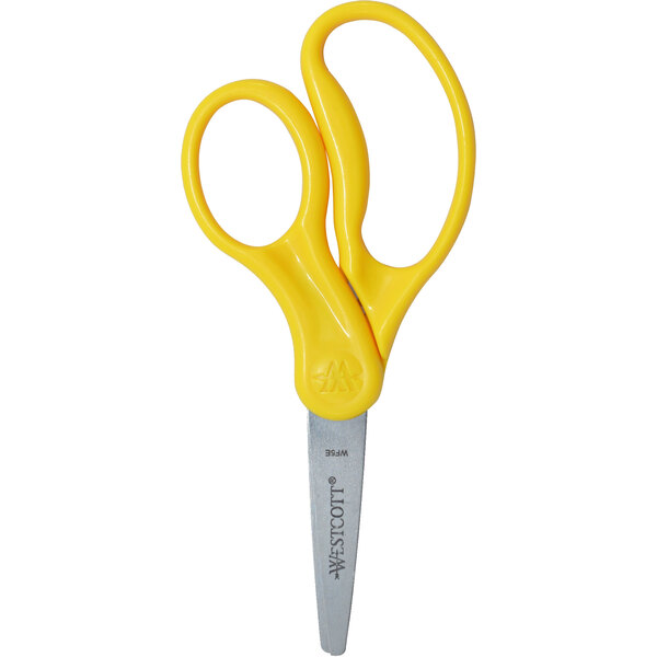 A pair of Westcott yellow scissors with straight handles.