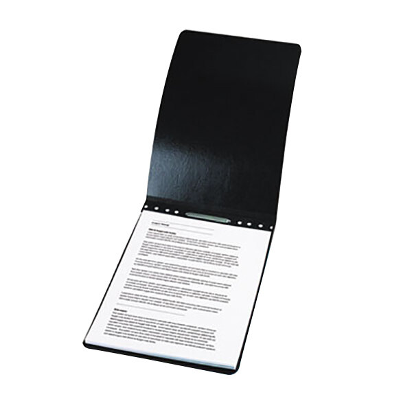 A black Acco legal report cover with a white paper inside.