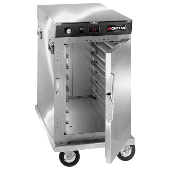 A Cres Cor stainless steel holding cabinet on a metal cart with the door open.