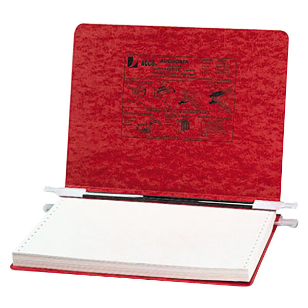 An Acco executive red side bound hanging data post binder.