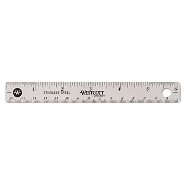 Westcott 10414 6" Stainless Steel Ruler with Cork Back and Hanging Hole - 1/16" Standard Scale